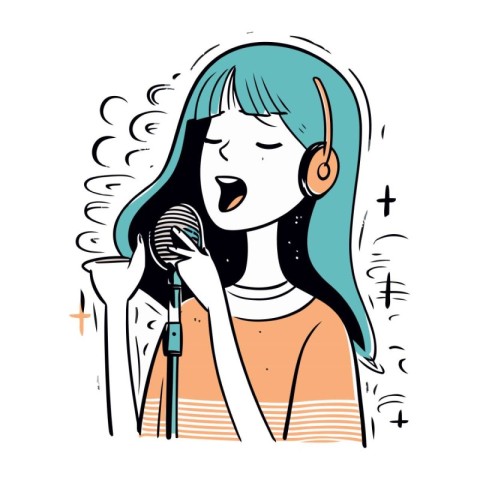 Vector illustration of a girl singing with a microphone in her h