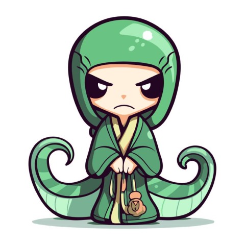 Cute Cartoon Octopus in Green Costume. Vector Illustration.