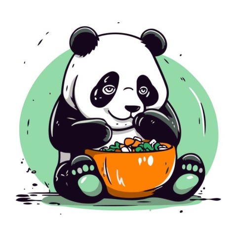 Cute panda bear with a bowl of food. Vector illustration.