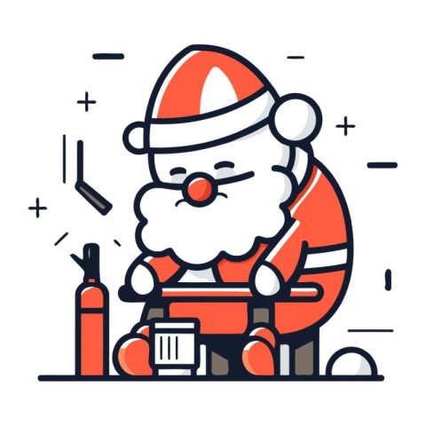 Santa Claus sitting on the bench. Vector illustration in line st