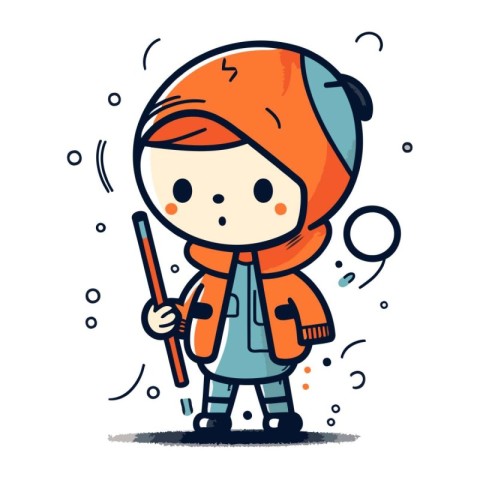 Cute boy in winter clothes holding a pencil. Vector illustration