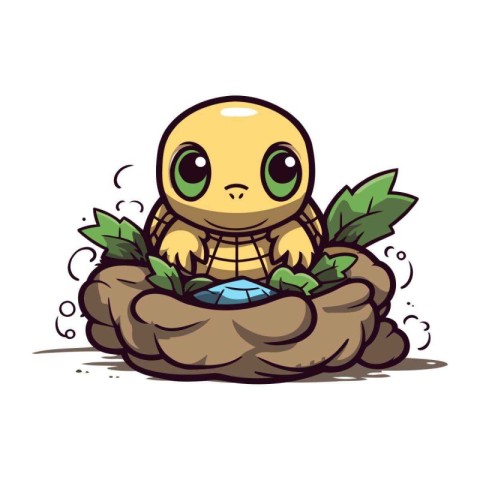 Cute turtle sitting in a nest with leaves. Vector illustration.