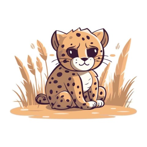 Cute cartoon cheetah sitting on the grass. Vector illustration.