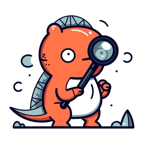 Cute dinosaur with magnifying glass. Vector illustration in cart