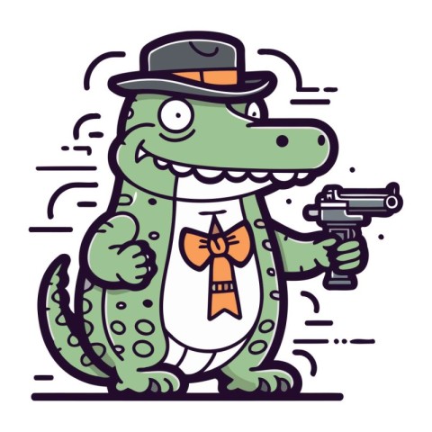 Cartoon crocodile gangster holding a gun. Vector illustration.