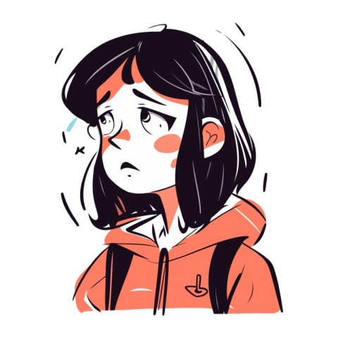 Vector illustration of a girl in a hoodie. The girl is sad.