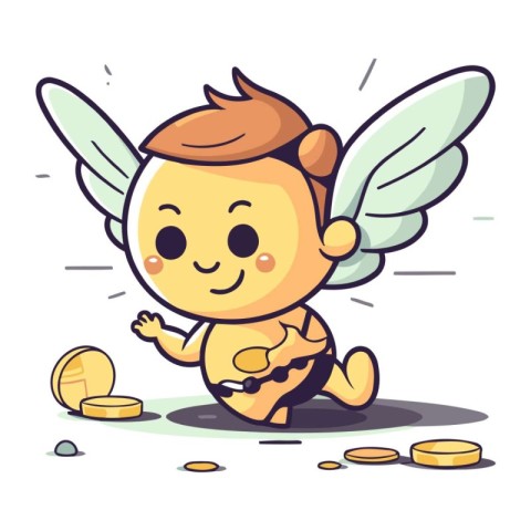 Cute little angel with coins. Vector illustration in cartoon sty