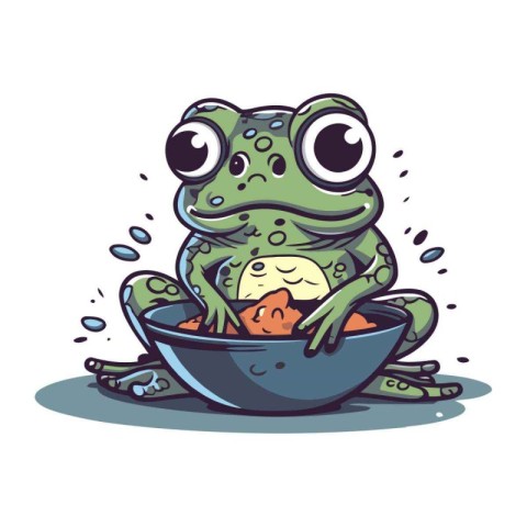 Cute cartoon frog sitting in a bowl of water. Vector illustratio