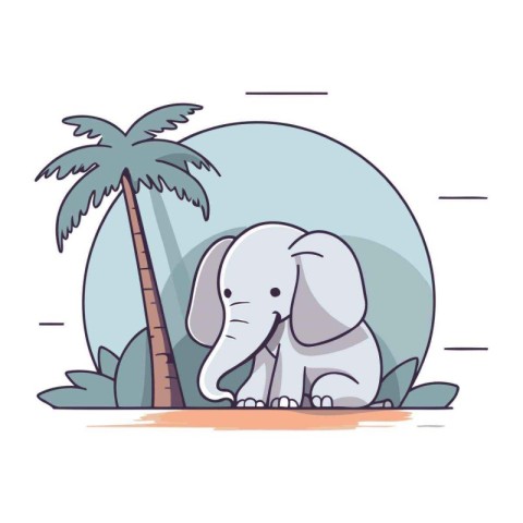 Vector illustration of cute cartoon elephant with palm tree on t