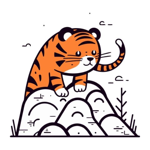 Cute tiger on a rock. Vector illustration in cartoon style.