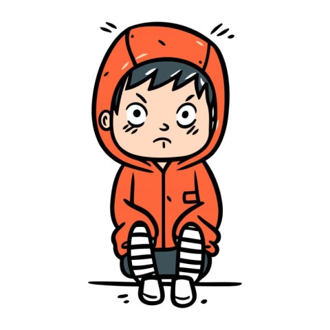 Cartoon sad boy in raincoat. Vector illustration on white backgr