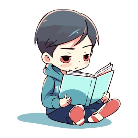 Cute cartoon boy reading book. Vector illustration isolated on w