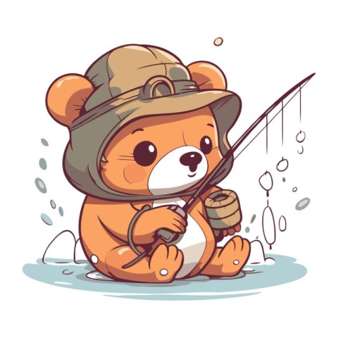 Cute cartoon bear with fishing rod. Vector illustration on white