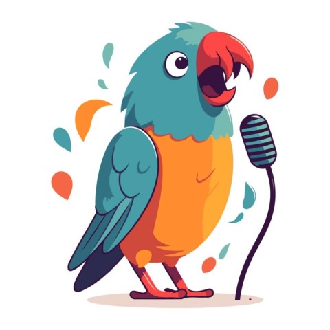 Cute parrot singing a song with microphone. Vector illustration.