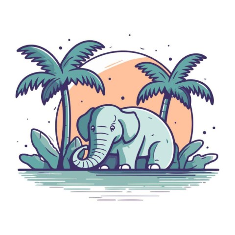 Vector hand drawn illustration of an elephant on the beach with