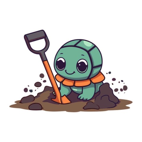 Cute cartoon turtle digging in the ground with shovel. Vector il