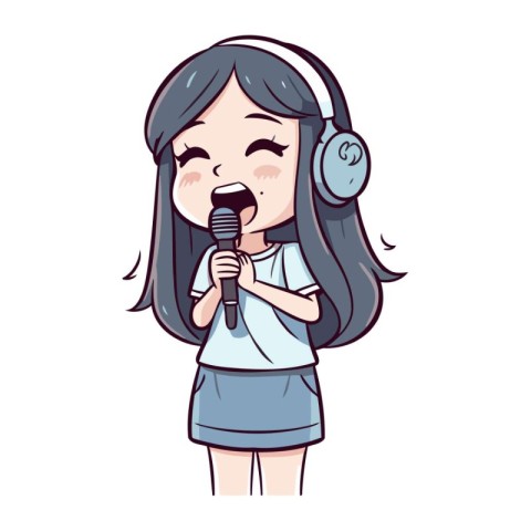 Illustration of a cute girl singing karaoke with headphones and