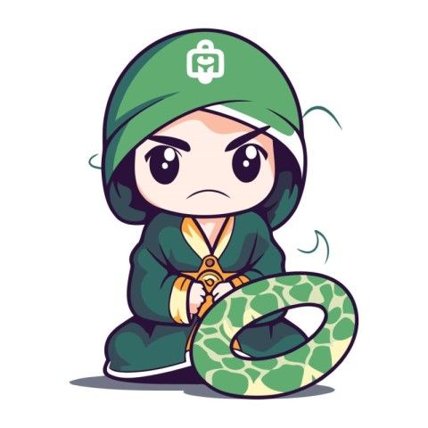 Cute cartoon boy in green clothes with snake. Vector illustratio