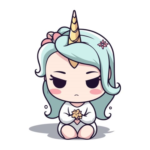 Unicorn girl with closed eyes on white background. Vector illust