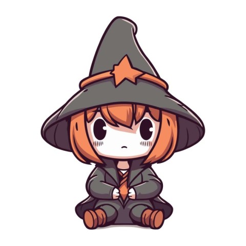 Cute little witch girl sitting on the floor. Vector illustration