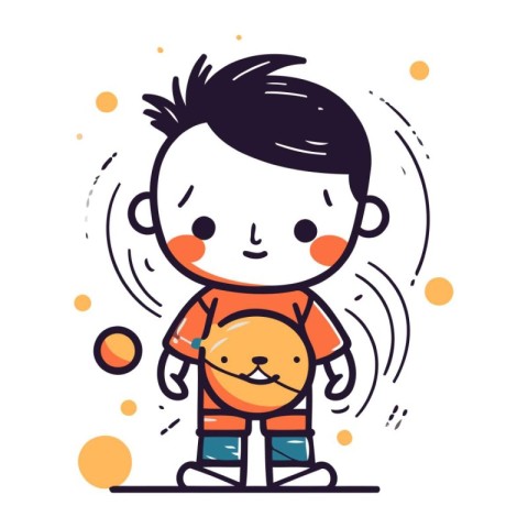 Cute little boy playing with a teddy bear. Vector illustration.