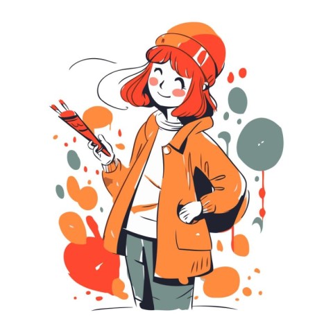 Cute girl in orange coat and red hat. Cartoon vector illustratio