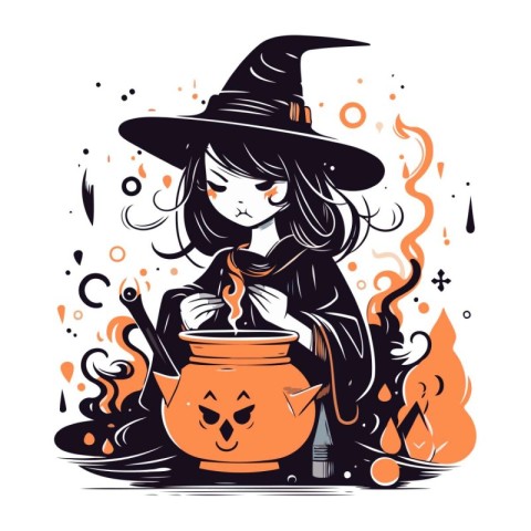 Vector illustration of a witch with a pot of potion. Halloween.