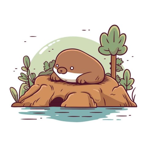 Cute cartoon otter sitting on the rock. Vector illustration.