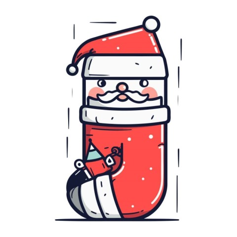 Santa Claus with bag of gifts. Vector illustration in doodle sty