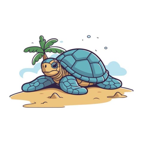 Cute cartoon turtle with palm on the beach. Vector illustration.