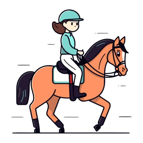 Girl jockey riding a horse. Vector illustration in cartoon style