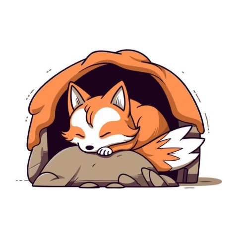 Cute fox sleeping in a dog house. Vector cartoon illustration.