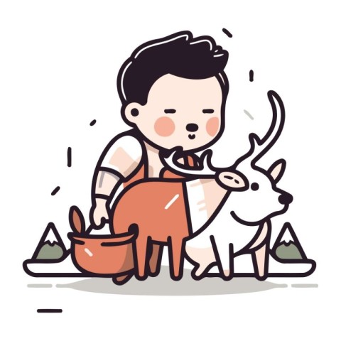 Cute little boy cooking with a cow. Vector cartoon illustration.