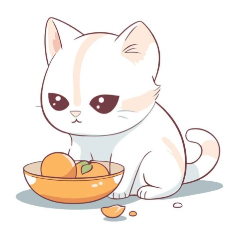 Cute cartoon cat with bowl of fresh orange. Vector illustration.