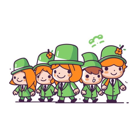 St. Patricks Day. Group of kids in leprechaun costume. Vector il