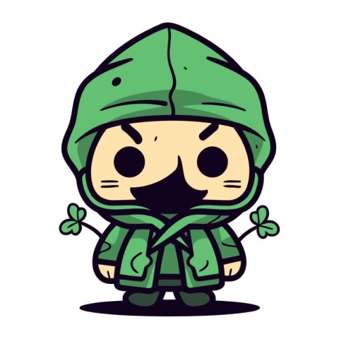 Cute cartoon boy in a green raincoat with clover. Vector illustr