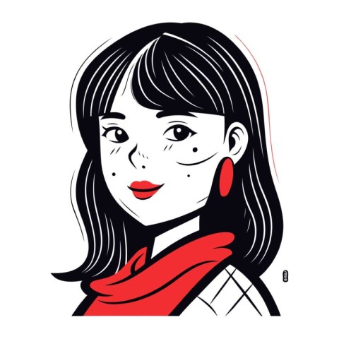 Beautiful girl with red scarf on white background. Vector illust