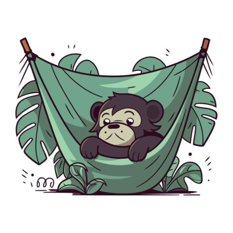 Cute monkey sleeping in hammock. Hand drawn vector illustration.