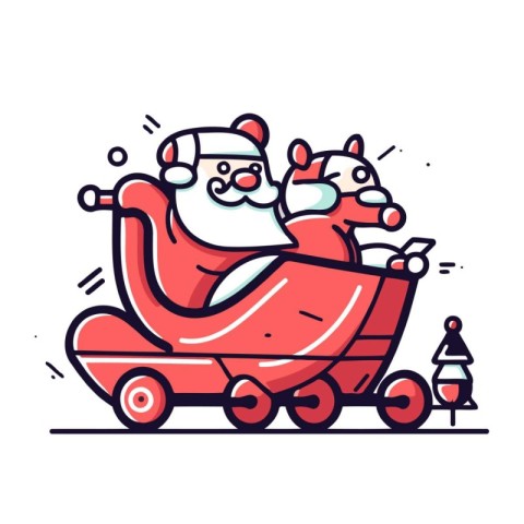 Santa Claus rides on a toy car. Vector illustration in line styl