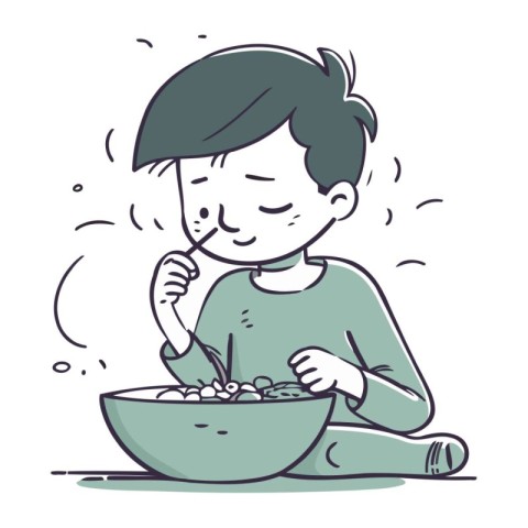 Illustration of a boy eating cereals with a fork and spoon