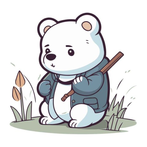 Illustration of a Cute Polar Bear Holding a Stick and Looking at