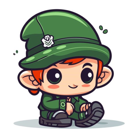 Cute boy scout in green hat sitting and smiling. Vector illustra