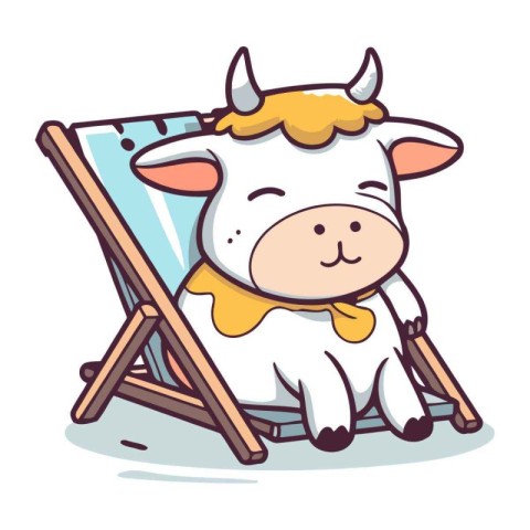 Cute cartoon cow sitting on a deck chair. Vector illustration.