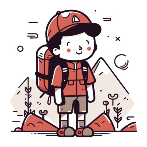 Cute little boy with backpack hiking in mountains. Vector illust