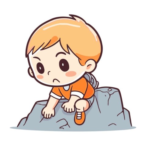 Cute little boy sitting on the rock. Vector cartoon illustration