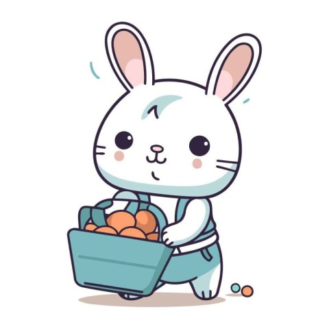 Cute white rabbit with basket full of eggs. Vector illustration.