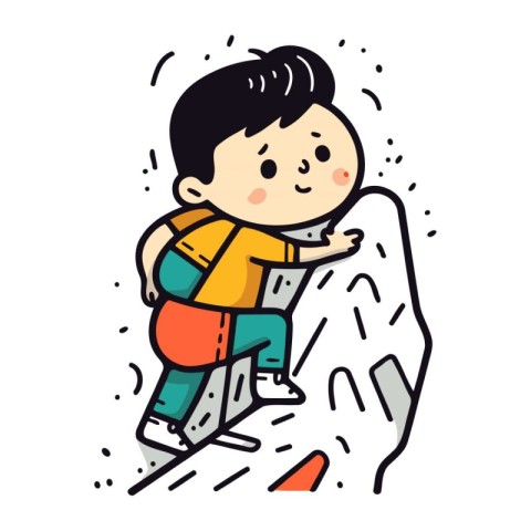 Boy climbing on the rock. hand drawn vector illustration in cart