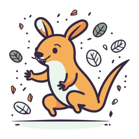 Cute kangaroo running with falling leaves. Vector illustration.