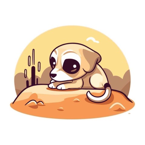 Cute cartoon dog sitting on the sand in the desert. Vector illus