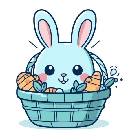 Cute cartoon bunny in a basket with carrots. Vector illustration